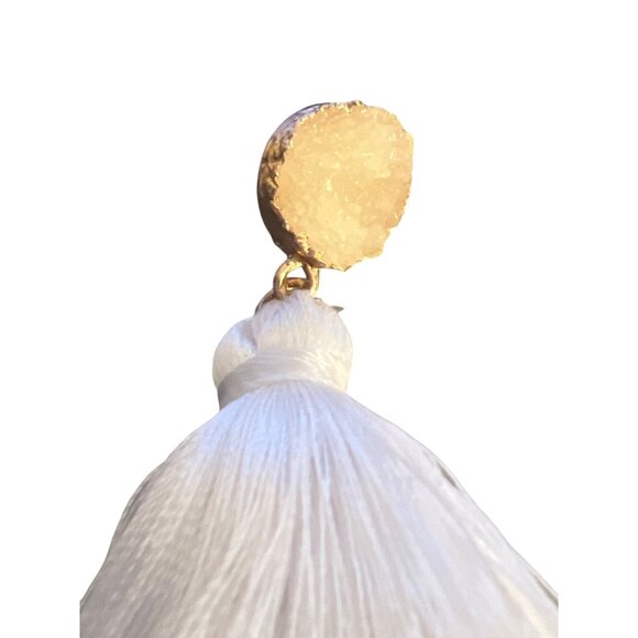 White Tassel Statement Earrings Druzy Stone Studs 3 Tiered Pierced Vacation 3" - Picture 3 of 5